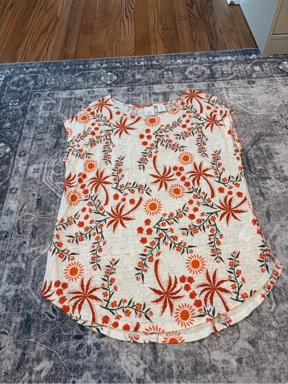 C&C California Cream Tee with Orange Floral Print - 100% linen